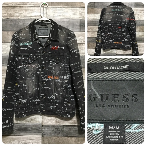 Guess Dillion Jean Jacket Men M Black Gray Stretch All Over Print Denim Trucker